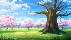  absurdres artist_request bare_tree blue_sky cherry_tree clouds day game_asset grass highres no_humans outdoors saigyou_ayakashi scenery sky third-party_source touhou touhou_spell_carnival tree 