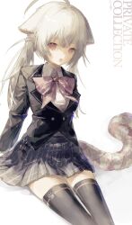  1girl animal_ears black_jacket black_skirt black_thighhighs bow bowtie buttons cat_ears cat_girl cat_tail check_copyright collared_shirt copyright_request fang highres jacket klooxm33 lapels long_hair long_sleeves notched_lapels open_mouth original pink_bow pink_bowtie plaid_clothes plaid_skirt pleated_skirt school_uniform shirt simple_background sitting skin_fang skirt smile solo tail thigh-highs twintails watermark white_background white_shirt wing_collar 