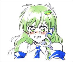  1girl bare_shoulders blue_necktie blush collared_shirt colored_skin commentary_request cropped_shoulders crying crying_with_eyes_open detached_sleeves frog_hair_ornament green_eyes green_hair hair_between_eyes hair_ornament hair_tubes kochiya_sanae long_hair looking_afar necktie nontraditional_miko re_ghotion shirt simple_background single_hair_tube single_sidelock sleeveless sleeveless_shirt snake_hair_ornament solo tears teeth touhou v-shaped_eyebrows wavy_hair white_background white_shirt white_skin white_sleeves 