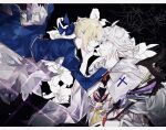  1boy 1girl ahoge artoria_pendragon_(fate) black_background blonde_hair blue_dress blue_ribbon braid braided_bun center_frills cross dress fate/grand_order fate_(series) flower flower_knot french_braid frills green_eyes hair_between_eyes hair_bun hair_ribbon hand_on_another&#039;s_face highres holding holding_staff hood hooded_robe long_hair long_sleeves merlin_(fate) misato_karuha ribbon robe saber sidelocks smile staff upper_body violet_eyes white_hair white_robe 