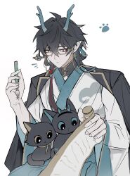  00rml 1boy absurdres animal animal_ears beads black_cat black_hair black_hairband black_jacket blue_hair blue_pants bright_pupils calligraphy_brush cat cat_ears cat_tail chinese_clothes colored_inner_hair dan_heng_(honkai:_star_rail) dan_heng_(imbibitor_lunae)_(honkai:_star_rail) dan_heng_(imbibitor_lunae)_(literary)_(honkai:_star_rail) dragon_horns earrings eyeliner fake_horns fingernails glasses gold_earrings hair_beads hair_between_eyes hair_ornament hair_stick hairband hands_up hanfu highres holding holding_calligraphy_brush holding_paintbrush holding_scroll honkai:_star_rail honkai_(series) horn_hairband horns jacket jewelry lapels long_hair long_sleeves looking_at_animal looking_down makeup male_focus multicolored_hair neck_ribbon notice_lines official_alternate_costume official_alternate_hairstyle open_clothes open_jacket paintbrush pants pointy_ears red_eyeliner red_hair ribbon scroll semi-rimless_eyewear simple_background single_earring single_sidelock sitting solo streaked_hair tail teeth very_long_hair white_background white_hanfu white_pupils wide_sleeves yellow-framed_eyewear yellow_eyes yellow_ribbon 