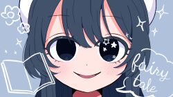  1girl beret black_eyes black_hair commentary empty_eyes english_text grey_background hair_between_eyes hat highres kimi_no_koto_ga_dai_dai_dai_dai_daisuki_na_100-nin_no_kanojo koshi_da light_blush long_hair looking_at_viewer parody parted_lips portrait simple_background smile solo sparkle speech_bubble star_(symbol) star_in_eye straight-on style_parody symbol_in_eye white_hat zetsubouda_meru 