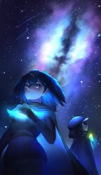 2girls antennae bird_girl bird_tail bird_wings black_cape black_eyes black_hair black_sweater blush bow bowtie cape commentary_request galaxy gloves gradient_bow hair_between_eyes head_wings highres kemono_friends looking_at_viewer meteor_shower milky_way monkey_ears monkey_girl multicolored_bow multicolored_bowtie multiple_girls nebula open_mouth r_(r_gavaaim) short_hair sky sky_focus smile star_(sky) starry_sky superb_bird-of-paradise_(kemono_friends) sweater tail western_parotia_(kemono_friends) wings