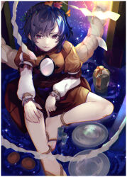  1girl absurdres blue_hair bottle braid commentary_request crown_braid cup highres littolebusters looking_at_viewer parted_lips red_eyes red_shirt red_skirt reflection reflective_liquid rope sakazuki sake_bottle sandals shallow_water shimenawa shirt sitting skirt skirt_set sky smile solo star_(sky) starry_sky touhou water yasaka_kanako zouri 