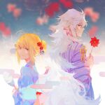  1boy 1girl ahoge argon_(caocaocaocaocao) artoria_pendragon_(fate) blonde_hair blue_eyes blue_kimono blurry blurry_background fate/grand_order fate_(series) flower hair_between_eyes hair_ornament hand_fan highres holding holding_fan japanese_clothes kimono long_hair long_sleeves looking_at_viewer merlin_(fate) pinwheel profile purple_kimono saber smile tuanshan very_long_hair violet_eyes white_hair 