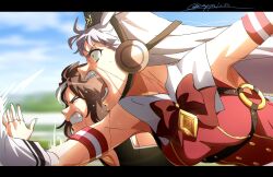  2girls absurdres bow character_request collared_dress commentary dress fame_game_(racehorse) gloves gold_ship_(red_strife)_(umamusume) gold_ship_(umamusume) highres motion_lines multiple_girls nk-43g open_mouth original red_bow red_dress signature sleeveless sleeveless_dress sweat sweatdrop umamusume white_gloves white_hair 