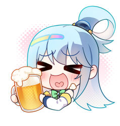  >_< 1girl :d alcohol aqua_(konosuba) asahina_hikage beer beer_mug blue_hair blush chibi chibi_only cup detached_sleeves hair_ornament kono_subarashii_sekai_ni_shukufuku_wo! long_hair mug smile solo white_sleeves 
