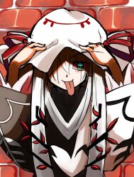  1girl :p brick_wall commentary_request green_eyes hair_over_one_eye hands_on_headwear hands_up hat highres kashuu_(b-q) looking_at_viewer mistelteinn solo symbol-shaped_pupils tongue tongue_out upper_body white_hair white_hat yumekui_merry 
