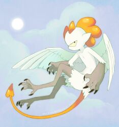  1other art_fight_attack artist_name blonde_hair blue_sky body_fur clouds colored_sclera dated demon_tail feathered_wings feathers flying from_side full_body gift_art harpy_boy highres horns jejejunum monster_boy original other_focus outdoors pointy_ears sky sun tail talons white_feathers wings yellow_horns yellow_sclera yellow_tail 