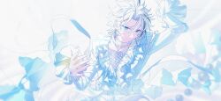  1boy absurdres alternate_costume arm_up beads black_streaks blue_eyes blurry blurry_foreground choker closed_mouth collarbone curtained_hair dreonya earrings ensemble_stars! film_grain floating_clothes frilled_shirt frilled_sleeves frills head_tilt highres jewel_under_eye jewelry light_rays long_sleeves male_focus multicolored_hair necklace parted_bangs pearl_necklace shirt short_hair sidelighting smile solo streaked_hair taki_ibuki v-neck v-shaped_eyebrows white_background white_choker white_hair white_shirt 