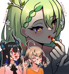  3girls ahoge antlers applying_lipstick applying_makeup artist_name black_hair blue_hair braid brown_hair ceres_fauna colored_inner_hair commentary cosmetics demon_horns english_commentary english_text gigi_murin ginotty green_hair hair_between_eyes heart highres holding holding_lipstick_tube hololive hololive_english horns lipstick lipstick_mark lipstick_tube long_hair looking_at_viewer looking_down looking_up low_twintails makeup mole mole_under_eye multicolored_hair multiple_girls nerissa_ravencroft nerissa_ravencroft_(1st_costume) open_mouth pink_eyes red_lips simple_background single_braid smile teeth twintails two-tone_hair white_background yellow_eyes 