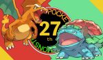  anniversary bright_pupils charizard claws commentary_request copyright_name dragon fangs flame-tipped_tail gara_(qbeuxvii22) green_eyes highres open_mouth pokemon standing tongue venusaur 