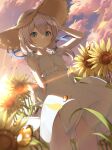  1girl absurdres bare_shoulders blue_eyes blush clouds dress flower gr_greeze grey_hair hair_between_eyes hair_ornament hat highres honkai_(series) honkai_impact_3rd long_hair looking_at_viewer outdoors side_ponytail sky sleeveless sleeveless_dress smile solo straw_hat sun_hat sundress sunflower theresa_apocalypse white_dress white_hair 