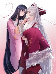 2girls bamboo_print black_eyes black_hair blush bow bowtie carrying carrying_person closed_mouth collared_shirt commentary_request derivative_work eye_contact frilled_shirt_collar frilled_skirt frilled_sleeves frills fujiwara_no_mokou gradient_background grey_hair hair_bow heart heart_of_string highres houraisan_kaguya long_hair long_skirt long_sleeves looking_at_another mokoiscat multi-source_commentary multiple_girls ofuda ofuda_on_clothes pants pink_shirt princess_carry print_skirt red_eyes red_pants red_skirt shirt skirt smile socks suspenders sweatdrop touhou very_long_hair white_bow white_bowtie white_shirt white_socks wide_sleeves yuri 