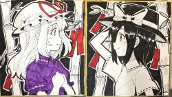  2girls arm_up bamboo bow closed_mouth collared_shirt commentary_request eye_contact hat hat_bow hat_ribbon highres long_hair looking_at_another maribel_hearn medium_hair mob_cap multiple_girls partially_colored photo_(medium) puffy_short_sleeves puffy_sleeves purple_shirt red_ribbon ribbon ribbon-trimmed_collar ribbon-trimmed_sleeves ribbon_trim shikishi shirt short_sleeves smile tanzaku touhou traditional_media upper_body usami_renko yakousei_no_kame 