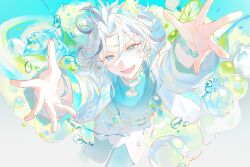  1boy :d animal_ears bead_bracelet beads blue_choker blue_eyes blue_shirt bracelet bubble choker curtained_hair drawstring dreonya ensemble_stars! foot_out_of_frame foreshortening glint grey_streaks highres jacket jewelry light_blush light_particles long_sleeves male_focus multicolored_hair outstretched_arms pants paw_print reaching reaching_towards_viewer shirt shoes smile solo spiky_hair streaked_hair taki_ibuki tiger_boy tiger_ears v-shaped_eyebrows white_hair white_jacket white_pants white_shoes 