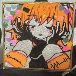  1girl a.i._voice adachi_rei blush closed_eyes commentary_request facing_viewer gloves hands_up heart highres long_sleeves orange_hair sanotsuki_(mochi0101_831) shikishi solo sticker traditional_media utau 