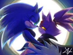 2girls alternate_costume blaze_the_cat blush cape cat_girl colored_sclera fang full_moon furry furry_female genderswap genderswap_(mtf) green_eyes hedgehog_girl hug looking_at_another moon multiple_girls original red_eyes smile sonic_the_hedgehog sonic_the_werehog yellow_sclera yuri zennx_23 