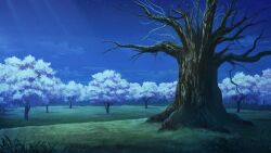  absurdres artist_request bare_tree cherry_tree clouds game_asset grass highres night no_humans outdoors saigyou_ayakashi scenery sky star_(sky) starry_sky third-party_source touhou touhou_spell_carnival tree 
