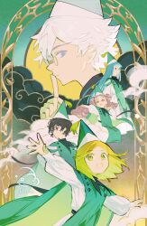  1boy 4girls :d agott_arklaum_(tongari_boushi_no_atelier) arch artist_name black_eyes black_hair blonde_hair blue_eyes blue_hair cloak closed_mouth clouds coco_(tongari_boushi_no_atelier) commentary conical_hat english_commentary finger_to_mouth floating_hair fluffy_hair glasses green_cloak green_hat hand_up hat hat_tassel highres index_finger_raised klaeia long_hair long_sleeves medium_hair multiple_girls open_mouth outstretched_arm outstretched_arms parted_bangs pince-nez pink_eyes pink_hair qifrey's_atelier_apprentice_uniform qifrey_(tongari_boushi_no_atelier) richeh_(tongari_boushi_no_atelier) robe short_hair shushing smile spread_arms tetia_(tongari_boushi_no_atelier) tongari_boushi_no_atelier turning_head two_side_up white_hair white_robe wizard_hat yellow_eyes 