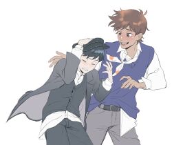 2boys absurdres alternate_costume arm_up belt black_belt black_cardigan black_eyes black_hair black_hat black_pants blue_sweater_vest blush bright_pupils brown_hair cardigan closed_eyes collared_shirt commentary dark-skinned_male dark_skin english_commentary grey_pants hat hero_(faraway)_(omori) hero_(omori) highres long_sleeves looking_at_another male_focus multiple_boys newsboy_cap omori open_mouth pants ryuichirou64665 shirt simple_background smile sunny_(omori) sweater_vest teeth tongue upper_teeth_only white_background white_shirt 