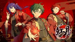  3boys absurdres ahoge akatsuki_(ensemble_stars!) alternate_costume belt black_belt black_shirt black_streaks closed_mouth confetti crescent curled_fingers curtained_hair dreonya earrings egasumi ensemble_stars! floating_hair full_moon gem glasses gold_ring green_eyes green_gem green_hair grey-framed_eyewear grin hair_between_eyes hair_intakes hair_slicked_back hand_up hasumi_keito highres idol japanese_clothes jewelry kanzaki_souma kimono kiryu_kuro leaf leaf_print logo long_hair long_sleeves looking_at_viewer male_focus maple_leaf maple_leaf_print moon motoyui multicolored_hair multiple_boys multiple_earrings open_mouth parted_bangs parted_hair ponytail purple_gem purple_hair red_background red_gem red_hair red_kimono shirt shirt_under_kimono short_hair sidelocks smile spiky_hair streaked_hair tassel v-shaped_eyebrows violet_eyes wide_sleeves wristband 