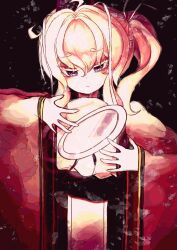  1girl absurdres ahoge ayang black_background closed_mouth frown grey_eyes highres long_sleeves looking_at_viewer mononobe_no_futo plate side_ponytail touhou upper_body white_hair wide_sleeves 