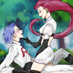  1boy 1girl assertive_female black_gloves blue_hair blush boots crop_top earrings elbow_gloves girl_on_top gloves gloves_over_sleeves hair_slicked_back james_(pokemon) jessie_(pokemon) jewelry logo mizhoushu pokemon pokemon_(anime) pokemon_(classic_anime) red_hair single_letter skirt sphere_earrings team_rocket team_rocket_uniform thigh_boots white_skirt 