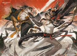  2boys animal_ears arknights arm_tattoo attack bare_pectorals black_hands black_pants brown_hair chinese_commentary chongyue_(arknights) claws coat colored_extremities commentary_request copyright_logo copyright_notice dragon_boy dragon_horns dragon_tail duel eastern_dragon_horns eastern_dragon_tail fighting_stance flying_kick full_body furry furry_male grey_streaks hair_tubes headband highres horns huai_tianpei_(arknights) kaifei_(kaifei_29) kicking kung_fu logo long_hair low_ponytail mature_male multicolored_hair multiple_boys muscular muscular_male official_art open_clothes open_coat pants parted_bangs pectorals pointy_ears ponytail red_eyes shirt single_rerebrace sleeveless sleeveless_shirt streaked_hair tail tattoo tiger_boy tiger_ears tiger_stripes tiger_tail very_long_tail white_pants white_shirt yellow_headband 