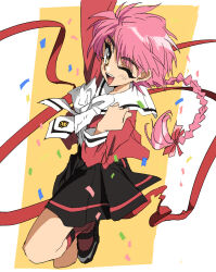  1girl black_skirt bow braid commentary_request hair_bow highres jumping magic_knight_rayearth one_eye_closed red_hair red_ribbon ribbon school_uniform shidou_hikaru shino_(2919) short_hair skirt 