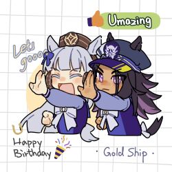  2girls :< :d ^_^ animal_ears birthday blunt_bangs blush bow brown_hat character_name chibi chibi_only clenched_hand closed_eyes commentary dailyumazed ear_bow ears_through_headwear english_commentary english_text eyes_visible_through_hair fenomeno_(umamusume) flipped_hair gold_ship_(umamusume) grid_background hand_up happy_birthday hat highres horse_ears horse_girl horse_tail horseshoe_hat_ornament horseshoe_ornament long_hair long_sleeves multiple_girls outstretched_hand party_popper peaked_cap pillbox_hat purple_hair purple_shirt school_uniform shirt simple_background smile tail tail_bow tail_ornament tan thumbs_up tongue tracen_school_uniform umamusume v-shaped_eyebrows violet_eyes white_background white_bow white_hair winter_uniform 
