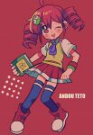  1990s_(style) 1girl ;d ahoge andou_ringo andou_ringo_(cosplay) armband ascot black_thighhighs blush book character_hair_ornament character_name cosplay dress_shirt drill_hair hair_between_eyes hair_ornament hairclip holding holding_book kasane_teto long_hair looking_at_viewer one_eye_closed open_mouth purple_ascot puyopuyo red_armband red_background red_eyes red_footwear red_skirt redhead retro_artstyle school_uniform shirt skirt smile solo sweater_vest synthesizer_v thigh-highs twin_drills twintails utau white_shirt yellow_sweater_vest yuusuke-kun 