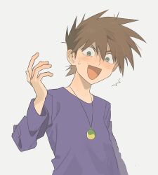  1boy black_eyes brown_hair gary_oak highres jewelry jungeol_(p_oxo7) male_focus necklace open_mouth pokemon pokemon_(anime) pokemon_(classic_anime) purple_shirt shirt smile solo surprised sweatdrop upper_body v-shaped_eyebrows 