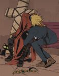  2boys absurdres black_cat black_hair blonde_hair boots bottle brown_footwear cat cross drunk florbetriz gloves highres kuroneko_(trigun) multiple_boys nicholas_d._wolfwood sitting sleeping trigun vash_the_stampede 