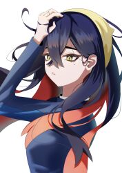  1girl absurdres arm_up carmine_(pokemon) commentary_request crossed_bangs eyelashes from_side hair_between_eyes hairband highres jacket long_sleeves mole mole_under_eye pokemon pokemon_scarlet_and_violet simple_background solo terumikadzuchi upper_body white_background yellow_eyes yellow_hairband 