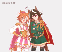  2girls :d aiguillette animal_ears armor ascot bare_shoulders belt black_thighhighs brown_hair cape carlo_515 chinese_commentary commentary_request cropped_legs crossed_arms crown ear-to-ear earrings epaulettes frilled_skirt frills gold_gauntlets gold_necklace green_jacket green_skirt grin hair_between_eyes hand_on_own_hip head_tilt highres horse_ears horse_girl horse_tail jacket jewelry looking_at_another medal mini_crown multiple_earrings multiple_girls necklace notice_lines orange_hair pauldrons pink_cape plackart pleated_skirt red_cape sash shoulder_armor simple_background single_earring single_epaulette skirt smile symboli_rudolf_(emperor's_path)_(umamusume) symboli_rudolf_(umamusume) t.m._opera_o_(o_sole_suo!)_(umamusume) t.m._opera_o_(umamusume) tail teeth thigh-highs twitter_username umamusume v-shaped_eyebrows violet_eyes white_ascot white_background white_thighhighs yellow_sash 
