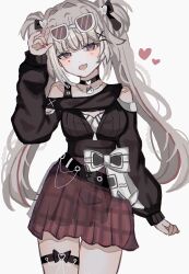  1girl :d adjusting_eyewear arm_up bare_shoulders black_choker blunt_bangs breasts choker commentary_request eyewear_on_head fang grey_hair hair_ornament head_tilt heart highres honkai:_star_rail honkai_(series) jewelry long_hair long_sleeves looking_at_viewer medium_breasts miniskirt necklace official_alternate_costume official_alternate_hairstyle pink_eyes red_nails red_skirt sayu_(r12_34) skin_fang skirt smile solo sparkle_(honkai:_star_rail) sparxie_(candy-coated_waves)_(honkai:_star_rail) sparxie_(honkai:_star_rail) standing sunglasses thigh_strap twintails two_side_up very_long_hair x_hair_ornament 