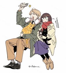  1boy 1girl ^_^ ahoge animal arm_up artist_name black_cat black_fur black_necktie black_shoes blonde_hair boots brown_boots brown_eyes brown_fur brown_hair brown_pants buttons camera_flash cat cellphone closed_eyes coat commentary_request confused couple cradling dress_shirt dress_shoes from_side full_body fur-trimmed_coat fur_boots fur_trim green_jacket happy highres holding holding_animal holding_cat jacket layered_clothes light_blush long_skirt looking_at_phone necktie open_mouth orange_cat original otokawa_akari oxfords pants pantyhose phone purple_skirt red_scarf ribbed_socks scarf selfie shirt shoes short_hair simple_background sitting skirt smartphone socks suit_pants translation_request triangle_mouth two-tone_fur ugg_boots v-shaped_eyebrows white_background white_fur white_shirt white_socks 
