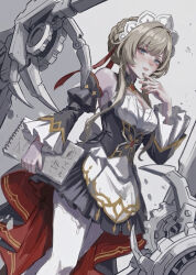  1girl apron bare_shoulders black_dress black_sleeves blonde_hair blue_eyes blunt_bangs braid braided_bun breasts commentary_request cowboy_shot detached_collar detached_sleeves dress fingernails frills gears gem genshin_impact hair_bun hair_ribbon hand_up highres holding holding_sketchbook jewelry juliet_sleeves lips long_bangs long_sleeves looking_at_viewer mechanical_arms medium_breasts nail_polish pendant pink_nails pleated_dress puffy_sleeves red_dress red_gem red_ribbon ribbon robot sandrone_(genshin_impact) shadow short_hair_with_long_locks sidelocks simple_background sketchbook sleeveless sleeveless_dress solo standing teeth thigh-highs two-sided_dress two-sided_fabric user_ardu5834 waist_apron white_apron white_background white_headdress white_thighhighs wide_sleeves wing_collar 