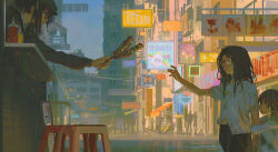  3girls 789illust absurdres arm_hug black_hair broken_eyewear building child city dirty dirty_clothes flat_cap food food_stand giving_food glasses hat highres ketchup_bottle maque_(xinyue_tongxing) multiple_girls mustard_bottle neon_lights people poverty power_lines shirt shish_kebab sign stool white_shirt xinyue_tongxing 
