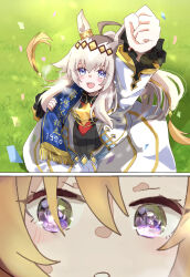  2girls ahoge animal_ears arima_kinen arm_up blue_eyes blush brooch clenched_hand commentary_request confetti cropped_jacket diamond_brooch ear_ornament grey_hair grey_leotard grey_tail hair_between_eyes hair_ornament hair_ribbon highres horse_ears horse_girl horse_tail jacket jewelry leotard long_hair long_sleeves mokuroo multiple_girls neckerchief official_alternate_costume oguri_cap_(cinderella_gray)_(umamusume) oguri_cap_(umamusume) open_mouth orange_hair overskirt ponytail red_neckerchief ribbon short_hair shorts smile star_brooch t.m._opera_o_(umamusume) tail umamusume umamusume:_cinderella_gray white_jacket white_shorts 