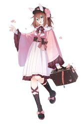  1girl :d alternate_costume animal_ears anzu_(ensemble_stars!) black_boots blue_eyes blue_gem boots bow bowtie brown_hair checkered_sash cherry_blossoms crossed_bangs dreonya ensemble_stars! floral_print floral_print_skirt flower footwear_bow frilled_shirt_collar frilled_sleeves frills full_body gem glasses hair_between_eyes hair_ribbon hand_up hat hat_flower highres holding holding_suitcase japanese_clothes kimono knee_boots lace-up_boots long_sleeves looking_at_viewer medium_hair meiji_schoolgirl_uniform obi peaked_cap petals pink_bow pink_flower pink_kimono pink_petals pink_sash pleated_skirt print_skirt purple_bow purple_bowtie purple_ribbon rabbit rabbit_ears ribbon round_eyewear sash shirt shirt_under_kimono sidelocks simple_background skirt smile solo standing standing_on_one_leg suitcase tassel white_background white_shirt white_skirt wide_sleeves yellow-framed_eyewear 