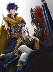  2boys alternate_costume alternate_universe aplche blue_eyes blue_hair commentary_request crossed_legs facial_mark fire_emblem fire_emblem:_path_of_radiance forehead_mark glint holding holding_sword holding_weapon ike_(fire_emblem) long_hair male_focus multiple_boys red_eyes short_hair sitting soren_(fire_emblem) sword weapon 