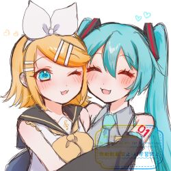  2girls :3 aqua_hair aqua_necktie bare_shoulders black_sailor_collar black_sleeves blonde_hair blue_eyes bow closed_eyes commentary_request detached_sleeves fang grey_shirt hair_bow hair_ornament hairclip hatsune_miku heart highres hug kagamine_rin long_hair moku_karen multiple_girls mutual_hug neckerchief necktie number_tattoo one_eye_closed open_mouth parallel_hairclips sailor_collar shirt short_hair simple_background sleeveless sleeveless_shirt tattoo treble_clef twintails very_long_hair vocaloid white_background white_bow white_shirt yellow_neckerchief yellow_trim 