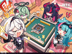  ! !! +_+ 4girls ahoge blue_eyes blue_hair chibi chibi_only collared_shirt company_name copyright_name cup curled_horns disposable_cup dragon_horns dragon_tail drinking drinking_straw english_commentary excited female_esper_zero_(nte) finger_claws floating frilled_sleeves frills from_above goat_girl goat_horns green_hair hair_between_eyes hair_intakes hair_ornament hairband hairclip happy headpiece highres holding holding_cup holding_mahjong_tile horns huge_ahoge indoors iroi_(nte) jacket kokushi_musou light_blush long_sleeves looking_down looking_to_the_side looking_up mahjong mahjong_table mahjong_tile mint_(nte) multicolored_hair multicolored_horns multiple_girls neverness_to_everness official_art one_eye_closed open_clothes open_jacket open_mouth pink_eyes playing_games purple_hair red_eyes shinku_(nte) shirt sitting skirt smile streaked_hair surprised table tail thigh-highs two-tone_hair two-tone_horns white_hair white_thighhighs 