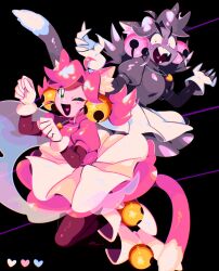  2girls :d ahoge alt_text animal_ears bell bell_ear_ornament black_background cat_ears cat_girl cat_tail claws commentary_request constricted_pupils deltarune dress english_commentary fangs ghost_pink_(deltarune) gloves gold_bell green_eyes grey_dress grey_hair hair_bell hair_ornament heart heart_locket heart_necklace heart_pendant highres jewelry kanianoreki locket mad_mew_mew magical_girl multiple_girls necklace one_eye_closed pendant pink_dress pink_frills pink_hair sanpaku sidelocks smile tail thick_eyebrows tutu twintails utdr_(toby_fox) white_gloves 