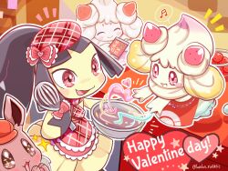  1other alcremie apron commentary_request eevee food fruit happy_valentine hat holding holding_whisk mawile mawile_(confectioner) open_mouth pokemon pokemon_(creature) pokemon_cafe_remix ponytail red_apron red_eyes red_hat runachikku smile sparkle sparkling_eyes strawberry whisk 