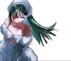  1girl alien_stage bandana bare_shoulders black_hair bow chest_bow commentary_request dress dress_bow elbow_gloves gloves grey_bandana grey_dress hair_between_eyes half-closed_eyes happy_pepe_2 headset long_hair microphone off-shoulder_dress off_shoulder simple_background sketch smile solo sua_(alien_stage) violet_eyes white_background white_bandana zombie_stage 