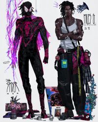  1boy absurdres afro animal_print asymmetrical_hair bodysuit dark-skinned_male dark_skin eyebrow_piercing face_piercing highres male_focus marvel miles_g._morales miles_morales multicolored_bodysuit piercing print_bodysuit rxzarx sidecut solo spider-man:_across_the_spider-verse spider-man_(miles_morales) spider-man_(series) spider-verse spider_print spider_web_print superhero_costume two-tone_bodysuit undercut very_dark_skin 