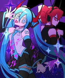  2girls aqua_eyes aqua_hair aqua_necktie aqua_trim arm_tattoo beullobjiji black_skirt black_thighhighs blood blood_on_clothes blood_on_face blood_on_hand blood_on_weapon collared_shirt colored_blood commentary_request cursor demon_horns detached_sleeves double-parted_bangs drill_hair grey_shirt hair_between_eyes hair_ornament hatsune_miku headphones highres holding holding_weapon horns kasane_teto korean_commentary long_hair looking_at_viewer looking_back multiple_girls necktie ok_sign pink_blood pleated_skirt purple_background red_eyes red_hair shade shirt skirt sleeveless sleeveless_shirt sparkle split_dance_(vocaloid) synthesizer_v tattoo thigh-highs thumbs_down tongue tongue_out twin_drills twintails utau vocaloid weapon wide_sleeves 